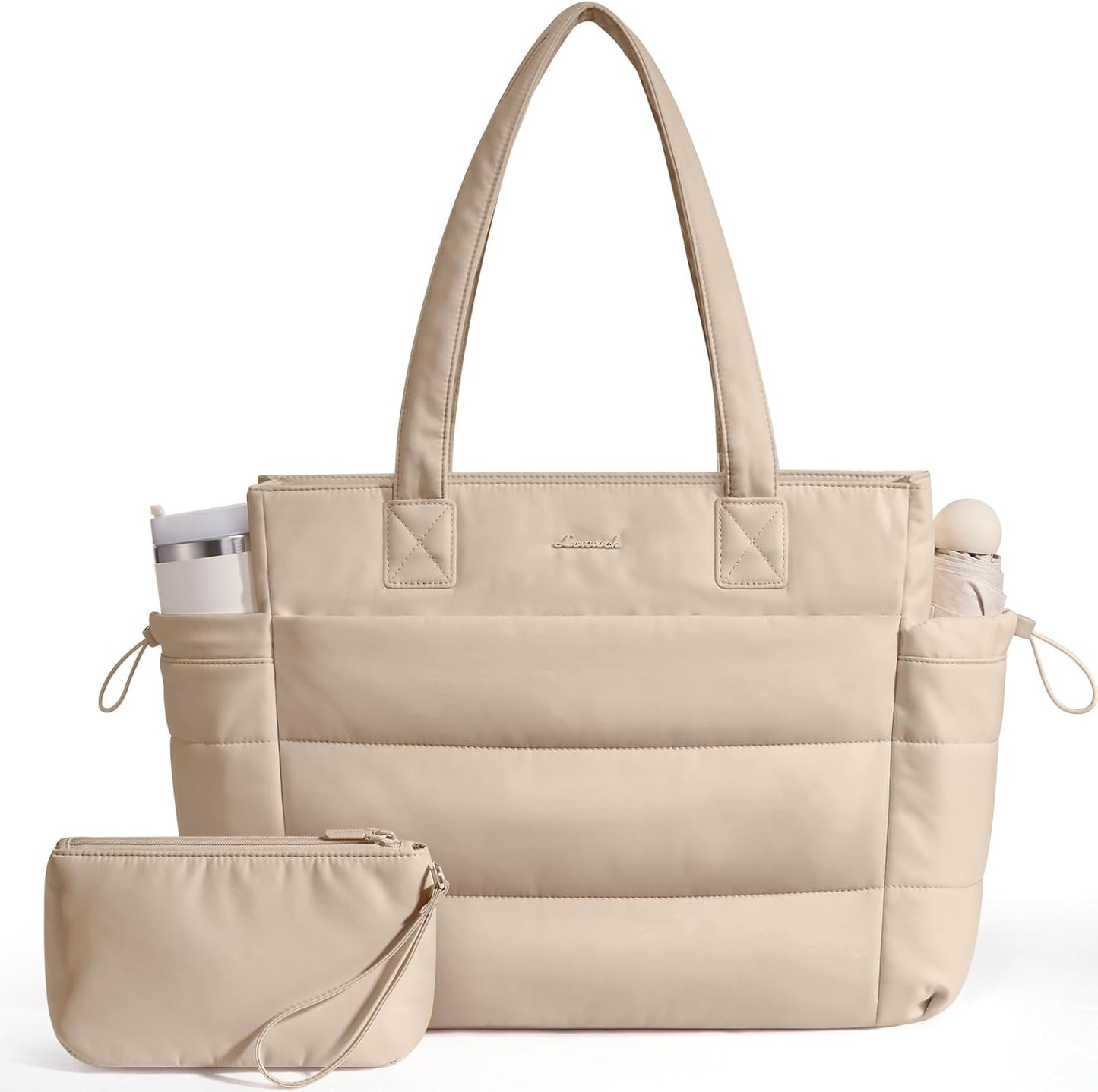 Tote Bag for Women with Giant Tumbler Holder Pocket, Puffer Work Travel Laptop Handbag with Zipper for Nurse Teacher