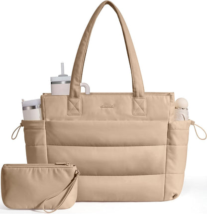 Tote Bag for Women with Giant Tumbler Holder Pocket, Puffer Work Travel Laptop Handbag with Zipper for Nurse Teacher