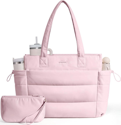 Tote Bag for Women with Giant Tumbler Holder Pocket, Puffer Work Travel Laptop Handbag with Zipper for Nurse Teacher