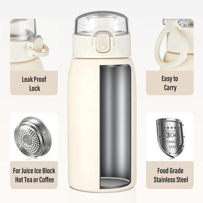Insulated Water Bottle 24 oz with Dustproof Lid, Carry Handle & Tea Infuser, BPA-Free & Leakproof, Stainless Steel Water Bottles Ideal for Fitness, Hiking, Office & Outdoor Use (Black)