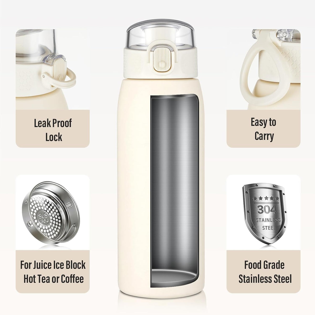 Insulated Water Bottle 24 oz with Dustproof Lid, Carry Handle & Tea Infuser, BPA-Free & Leakproof, Stainless Steel Water Bottles Ideal for Fitness, Hiking, Office & Outdoor Use (Black)
