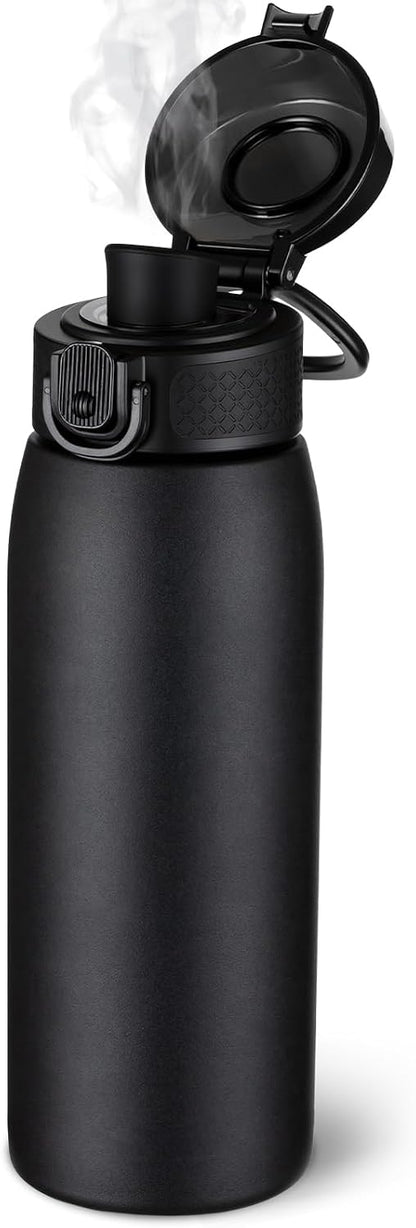 Insulated Water Bottle 24 oz with Dustproof Lid, Carry Handle & Tea Infuser, BPA-Free & Leakproof, Stainless Steel Water Bottles Ideal for Fitness, Hiking, Office & Outdoor Use (Black)