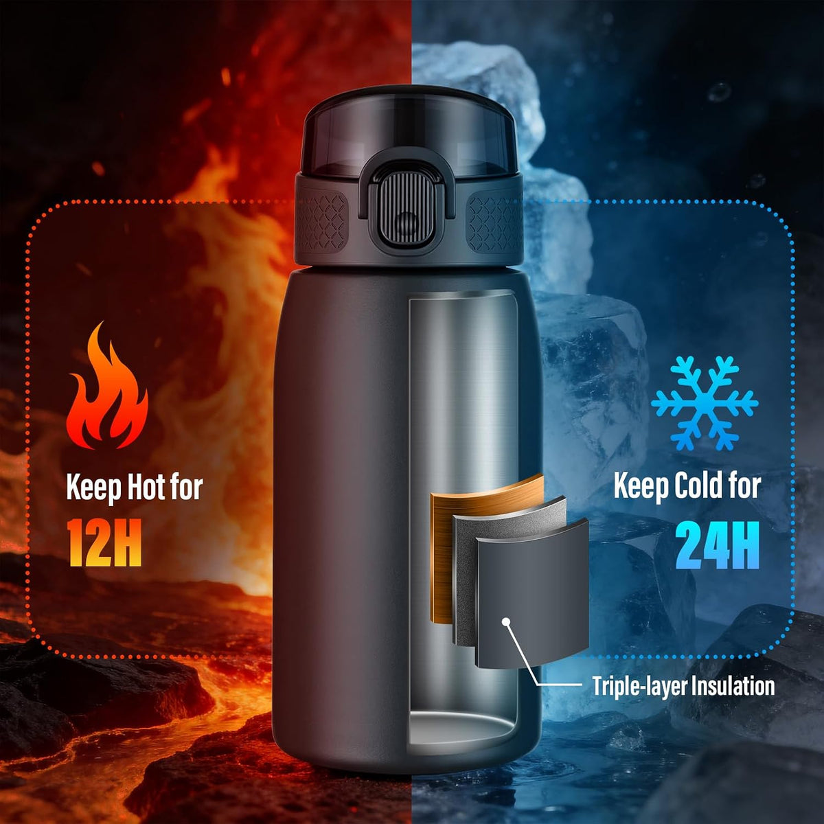 Insulated Water Bottle 24 oz with Dustproof Lid, Carry Handle & Tea Infuser, BPA-Free & Leakproof, Stainless Steel Water Bottles Ideal for Fitness, Hiking, Office & Outdoor Use (Black)