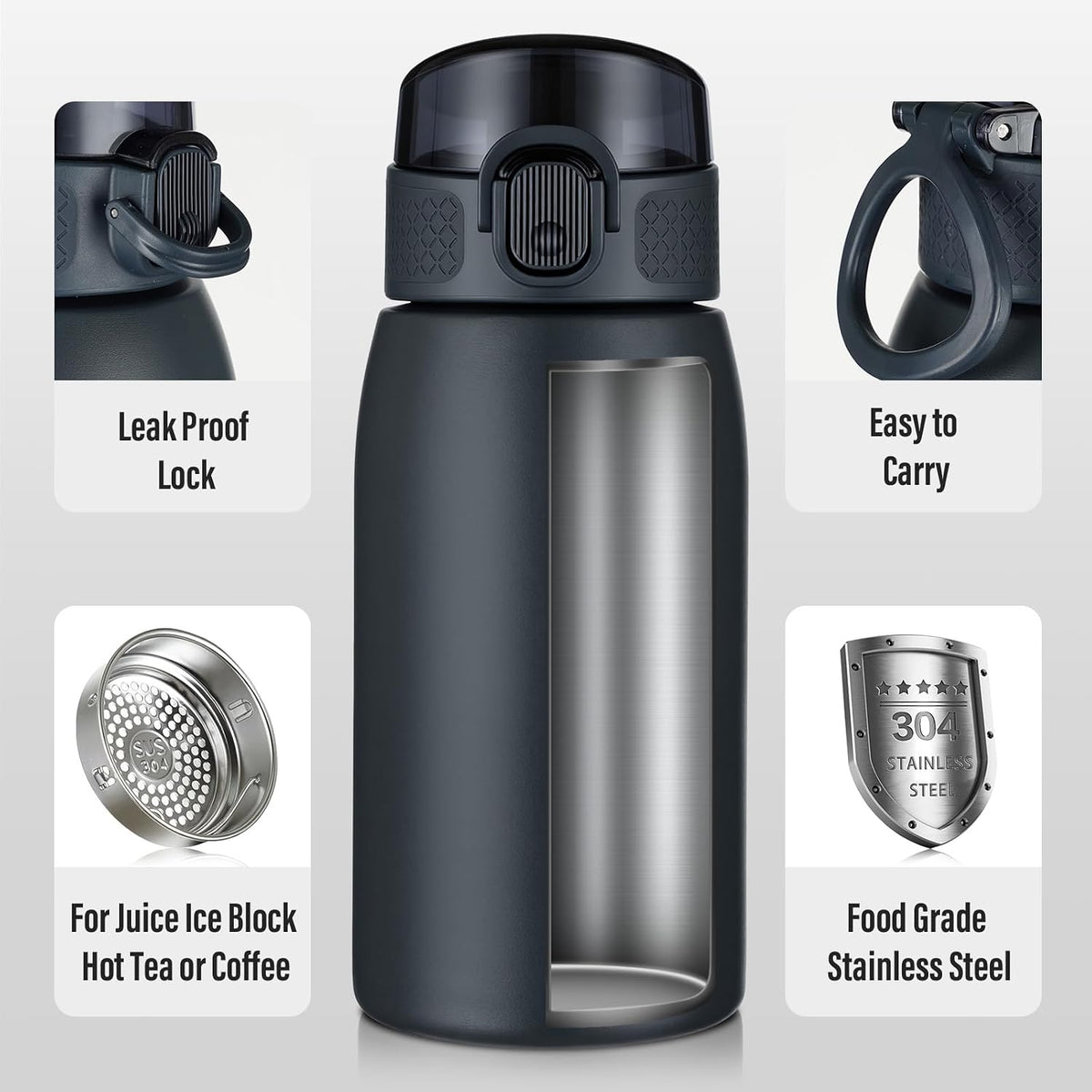Insulated Water Bottle 24 oz with Dustproof Lid, Carry Handle & Tea Infuser, BPA-Free & Leakproof, Stainless Steel Water Bottles Ideal for Fitness, Hiking, Office & Outdoor Use (Black)