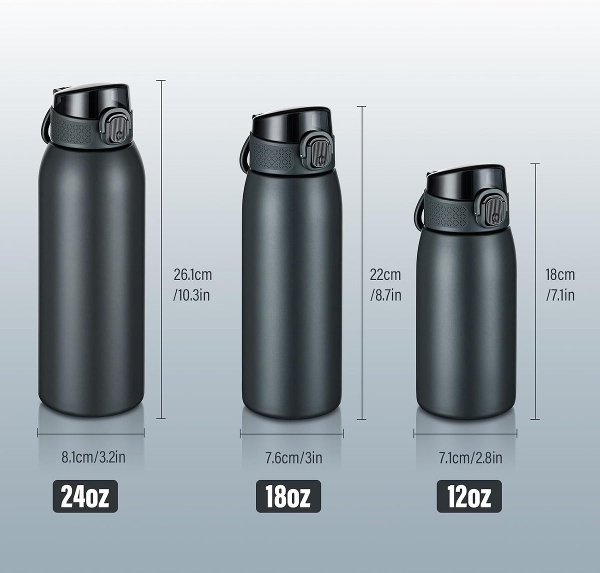 Insulated Water Bottle 24 oz with Dustproof Lid, Carry Handle & Tea Infuser, BPA-Free & Leakproof, Stainless Steel Water Bottles Ideal for Fitness, Hiking, Office & Outdoor Use (Black)