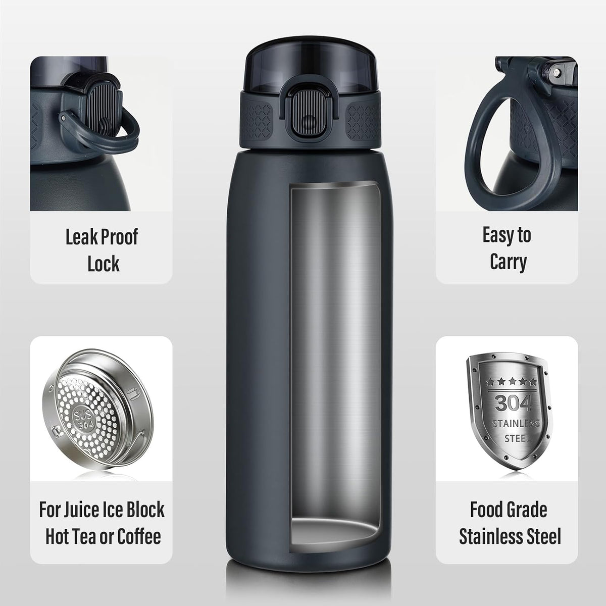 Insulated Water Bottle 24 oz with Dustproof Lid, Carry Handle & Tea Infuser, BPA-Free & Leakproof, Stainless Steel Water Bottles Ideal for Fitness, Hiking, Office & Outdoor Use (Black)