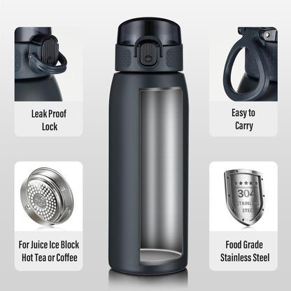Insulated Water Bottle 24 oz with Dustproof Lid, Carry Handle & Tea Infuser, BPA-Free & Leakproof, Stainless Steel Water Bottles Ideal for Fitness, Hiking, Office & Outdoor Use (Black)