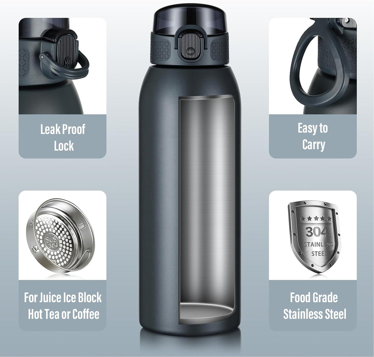 Insulated Water Bottle 24 oz with Dustproof Lid, Carry Handle & Tea Infuser, BPA-Free & Leakproof, Stainless Steel Water Bottles Ideal for Fitness, Hiking, Office & Outdoor Use (Black)