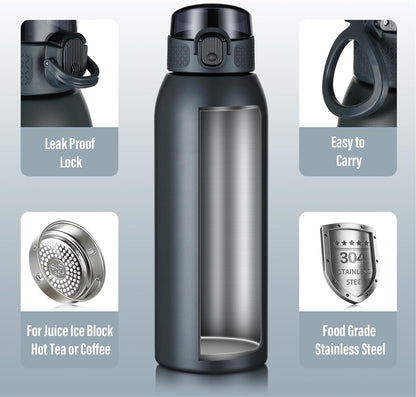 Insulated Water Bottle 24 oz with Dustproof Lid, Carry Handle & Tea Infuser, BPA-Free & Leakproof, Stainless Steel Water Bottles Ideal for Fitness, Hiking, Office & Outdoor Use (Black)