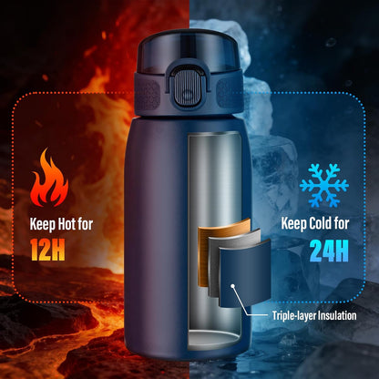 Insulated Water Bottle 24 oz with Dustproof Lid, Carry Handle & Tea Infuser, BPA-Free & Leakproof, Stainless Steel Water Bottles Ideal for Fitness, Hiking, Office & Outdoor Use (Black)