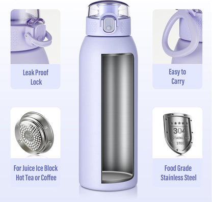 Insulated Water Bottle 24 oz with Dustproof Lid, Carry Handle & Tea Infuser, BPA-Free & Leakproof, Stainless Steel Water Bottles Ideal for Fitness, Hiking, Office & Outdoor Use (Black)