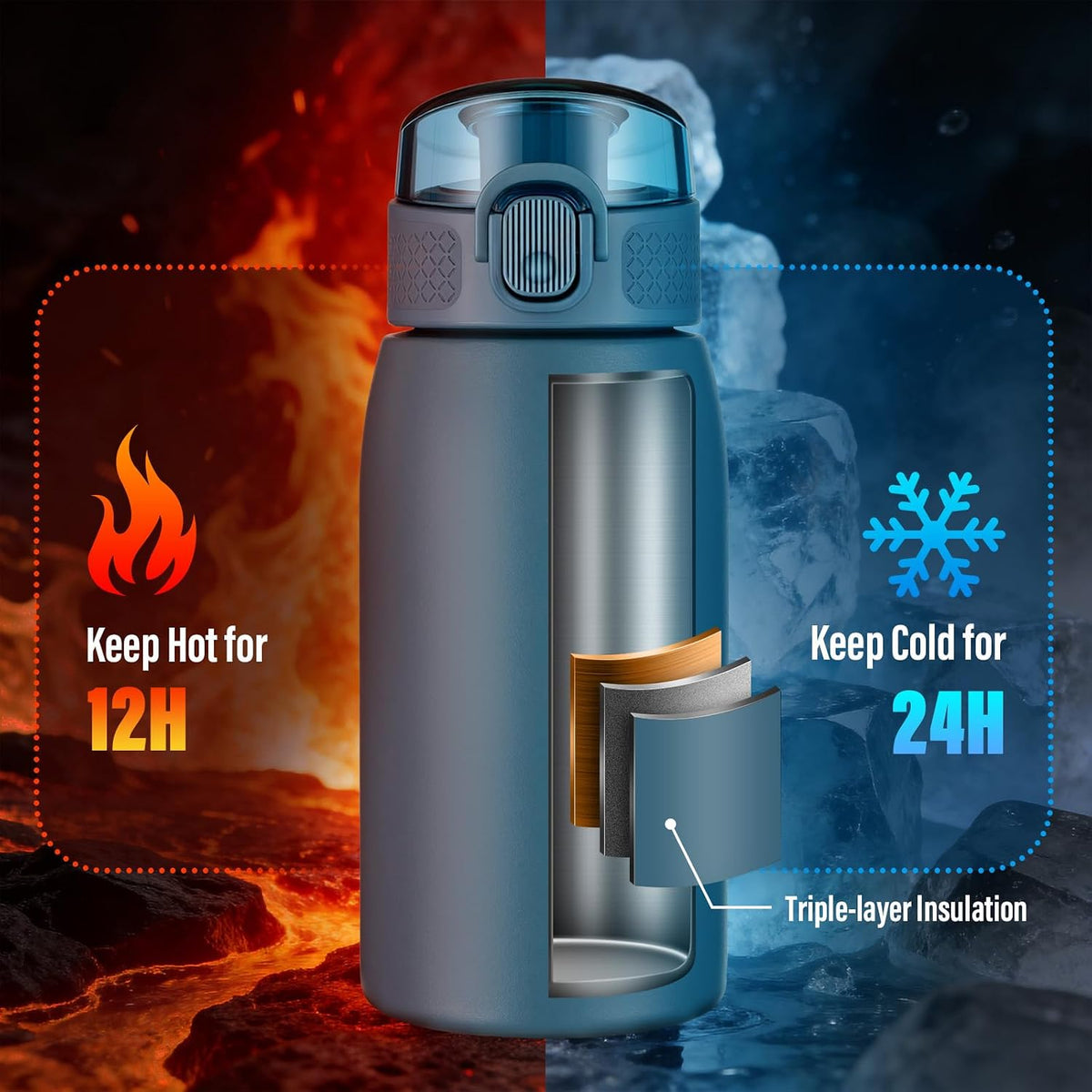 Insulated Water Bottle 24 oz with Dustproof Lid, Carry Handle & Tea Infuser, BPA-Free & Leakproof, Stainless Steel Water Bottles Ideal for Fitness, Hiking, Office & Outdoor Use (Black)