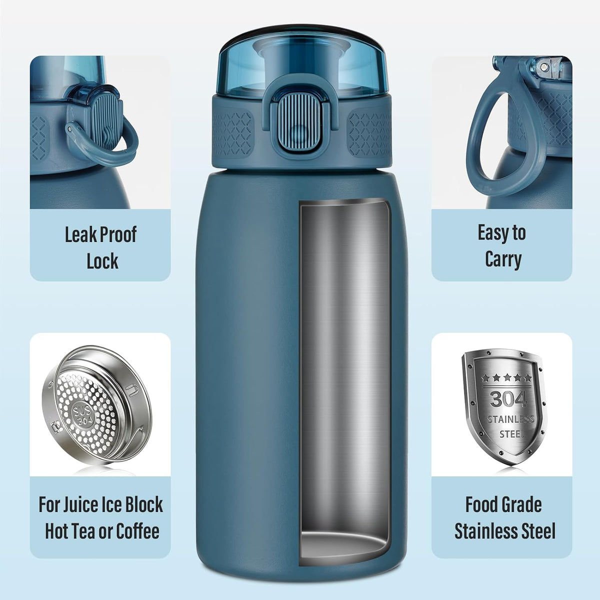 Insulated Water Bottle 24 oz with Dustproof Lid, Carry Handle & Tea Infuser, BPA-Free & Leakproof, Stainless Steel Water Bottles Ideal for Fitness, Hiking, Office & Outdoor Use (Black)