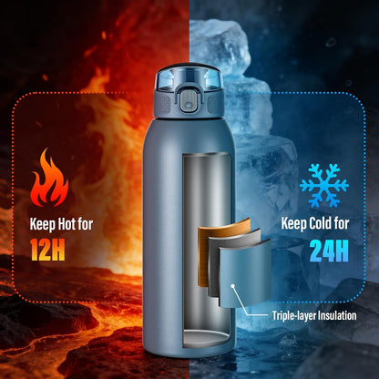 Insulated Water Bottle 24 oz with Dustproof Lid, Carry Handle & Tea Infuser, BPA-Free & Leakproof, Stainless Steel Water Bottles Ideal for Fitness, Hiking, Office & Outdoor Use (Black)