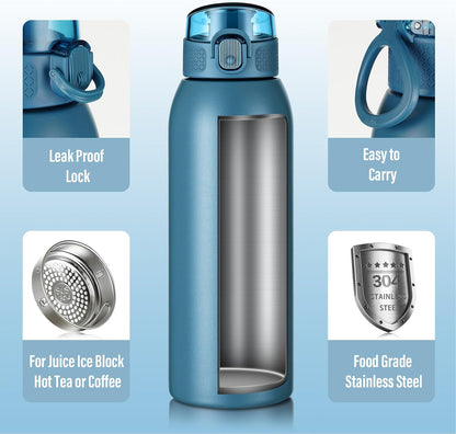 Insulated Water Bottle 24 oz with Dustproof Lid, Carry Handle & Tea Infuser, BPA-Free & Leakproof, Stainless Steel Water Bottles Ideal for Fitness, Hiking, Office & Outdoor Use (Black)