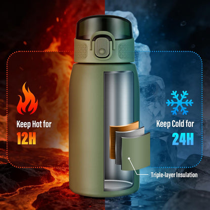 Insulated Water Bottle 24 oz with Dustproof Lid, Carry Handle & Tea Infuser, BPA-Free & Leakproof, Stainless Steel Water Bottles Ideal for Fitness, Hiking, Office & Outdoor Use (Black)