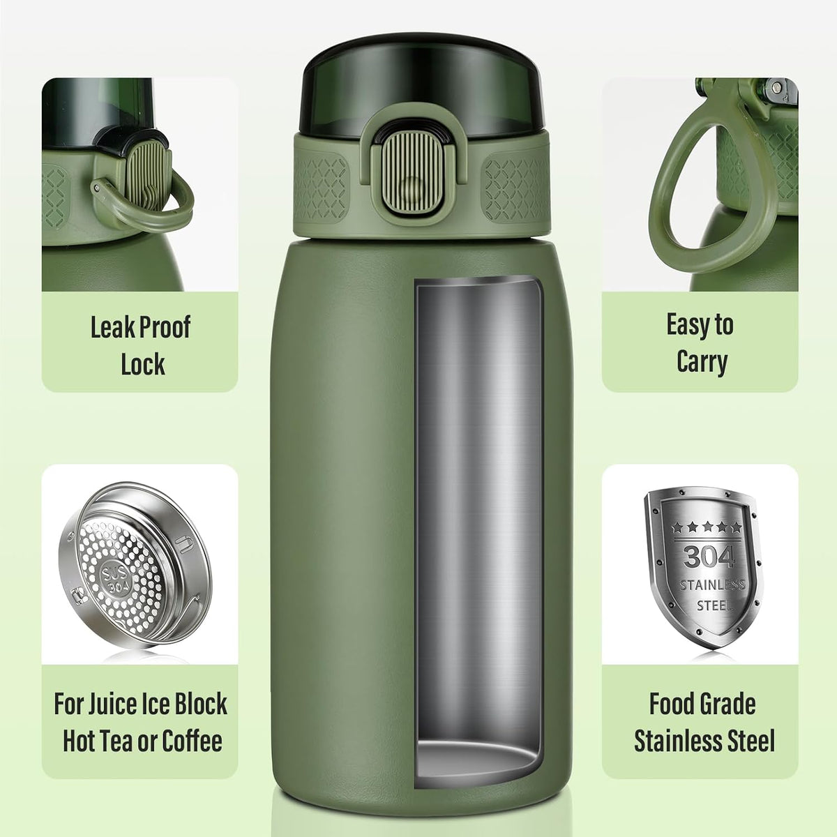 Insulated Water Bottle 24 oz with Dustproof Lid, Carry Handle & Tea Infuser, BPA-Free & Leakproof, Stainless Steel Water Bottles Ideal for Fitness, Hiking, Office & Outdoor Use (Black)
