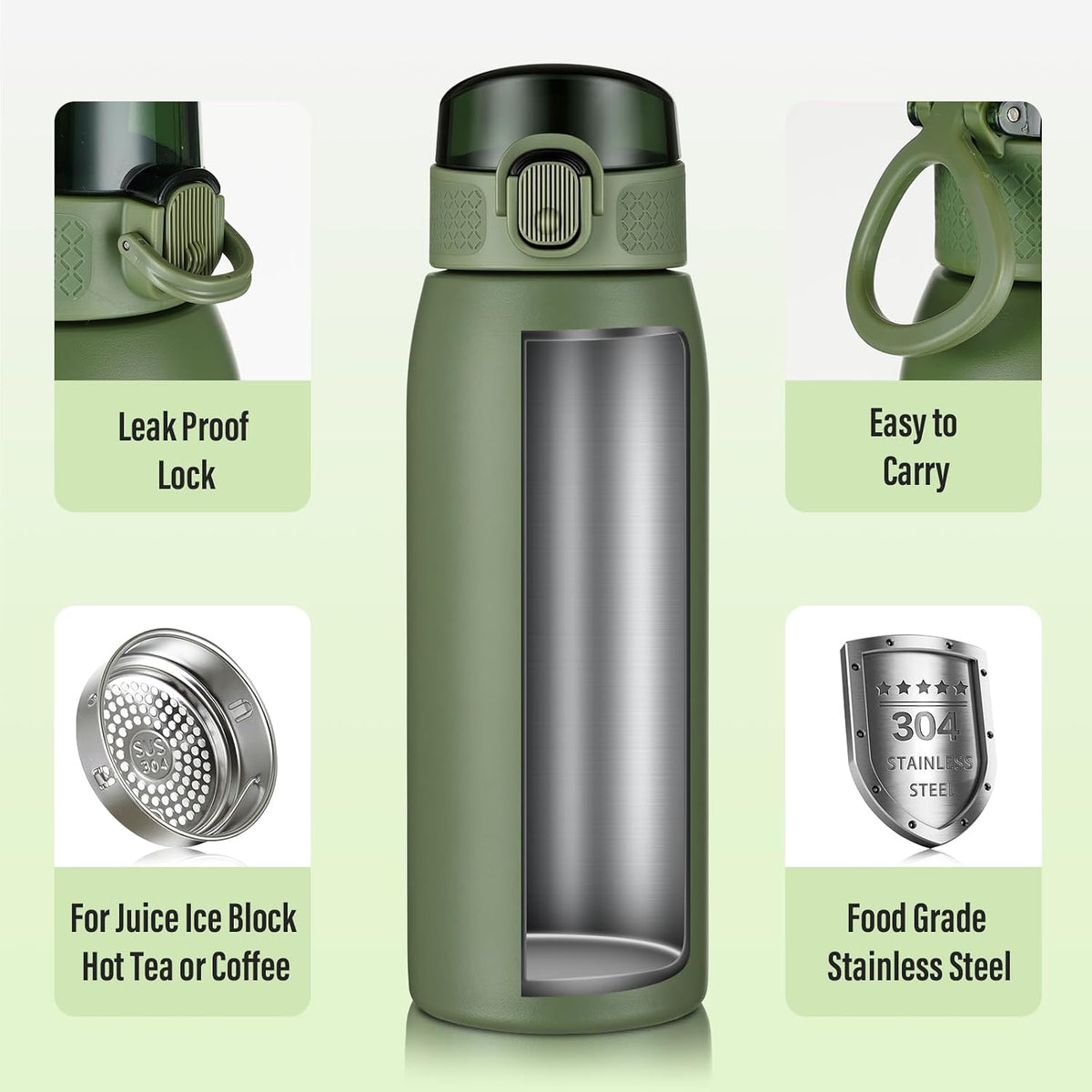 Insulated Water Bottle 24 oz with Dustproof Lid, Carry Handle & Tea Infuser, BPA-Free & Leakproof, Stainless Steel Water Bottles Ideal for Fitness, Hiking, Office & Outdoor Use (Black)