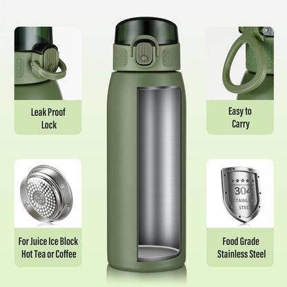 Insulated Water Bottle 24 oz with Dustproof Lid, Carry Handle & Tea Infuser, BPA-Free & Leakproof, Stainless Steel Water Bottles Ideal for Fitness, Hiking, Office & Outdoor Use (Black)