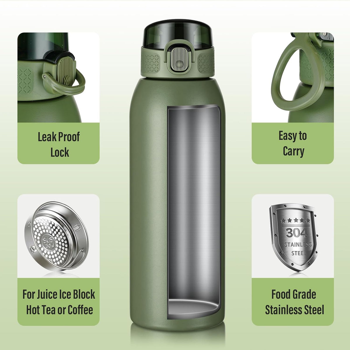 Insulated Water Bottle 24 oz with Dustproof Lid, Carry Handle & Tea Infuser, BPA-Free & Leakproof, Stainless Steel Water Bottles Ideal for Fitness, Hiking, Office & Outdoor Use (Black)