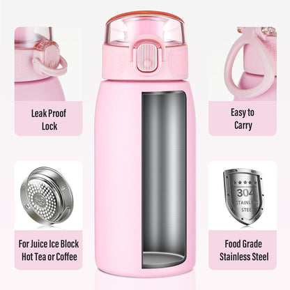 Insulated Water Bottle 24 oz with Dustproof Lid, Carry Handle & Tea Infuser, BPA-Free & Leakproof, Stainless Steel Water Bottles Ideal for Fitness, Hiking, Office & Outdoor Use (Black)