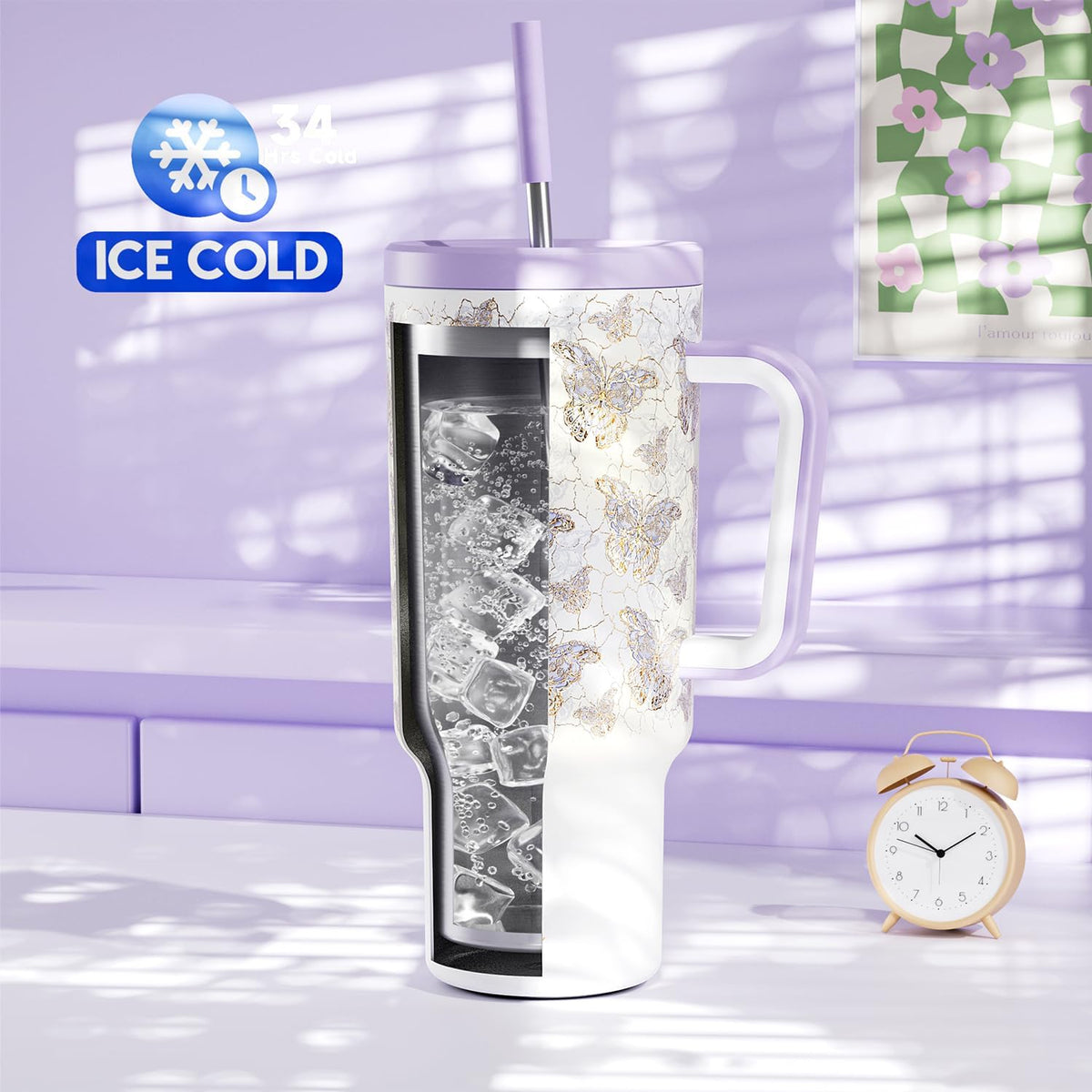 30 oz Tumbler with Handle, Tumbler with Lid and Straw, Insulated Stainless Steel Travel Mug, 100% Leak-proof, Cupholder Friendly, Keeps Cold for 24 Hours or Hot for 8 Hours (Azure) - Colors B