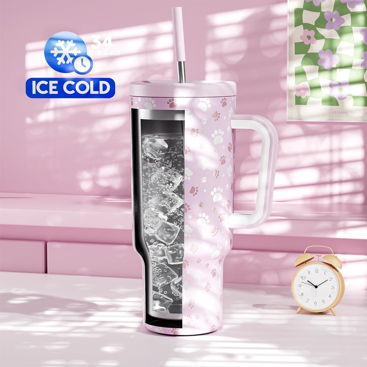 30 oz Tumbler with Handle, Tumbler with Lid and Straw, Insulated Stainless Steel Travel Mug, 100% Leak-proof, Cupholder Friendly, Keeps Cold for 24 Hours or Hot for 8 Hours (Azure) - Colors B