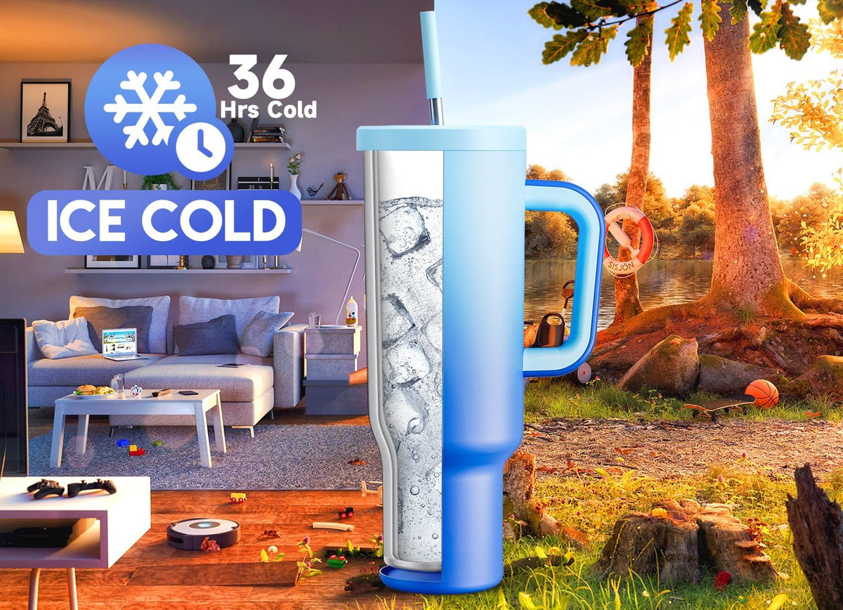 30 oz Tumbler with Handle, Tumbler with Lid and Straw, Insulated Stainless Steel Travel Mug, 100% Leak-proof, Cupholder Friendly, Keeps Cold for 24 Hours or Hot for 8 Hours (Azure) - Colors B