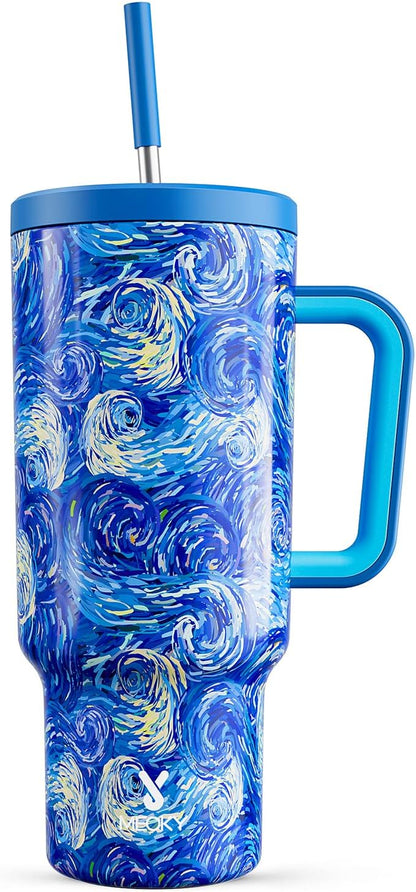 30 oz Tumbler with Handle, Tumbler with Lid and Straw, Insulated Stainless Steel Travel Mug, 100% Leak-proof, Cupholder Friendly, Keeps Cold for 24 Hours or Hot for 8 Hours (Azure) - Colors B