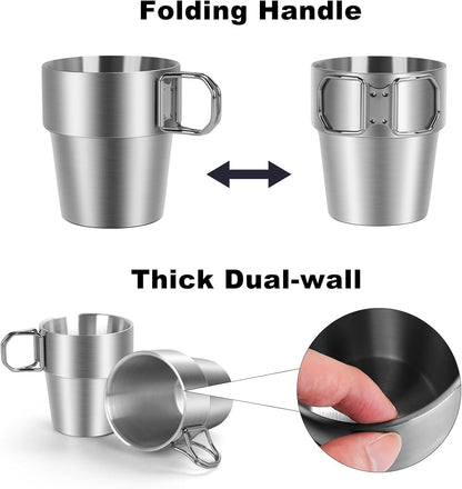 4-Pack Stainless Steel Camping Cups with Foldable Handle, 10 oz Camping Coffee Mugs with Double Wall Design, Ideal for Outdoor Activities, Travel, and Home Use