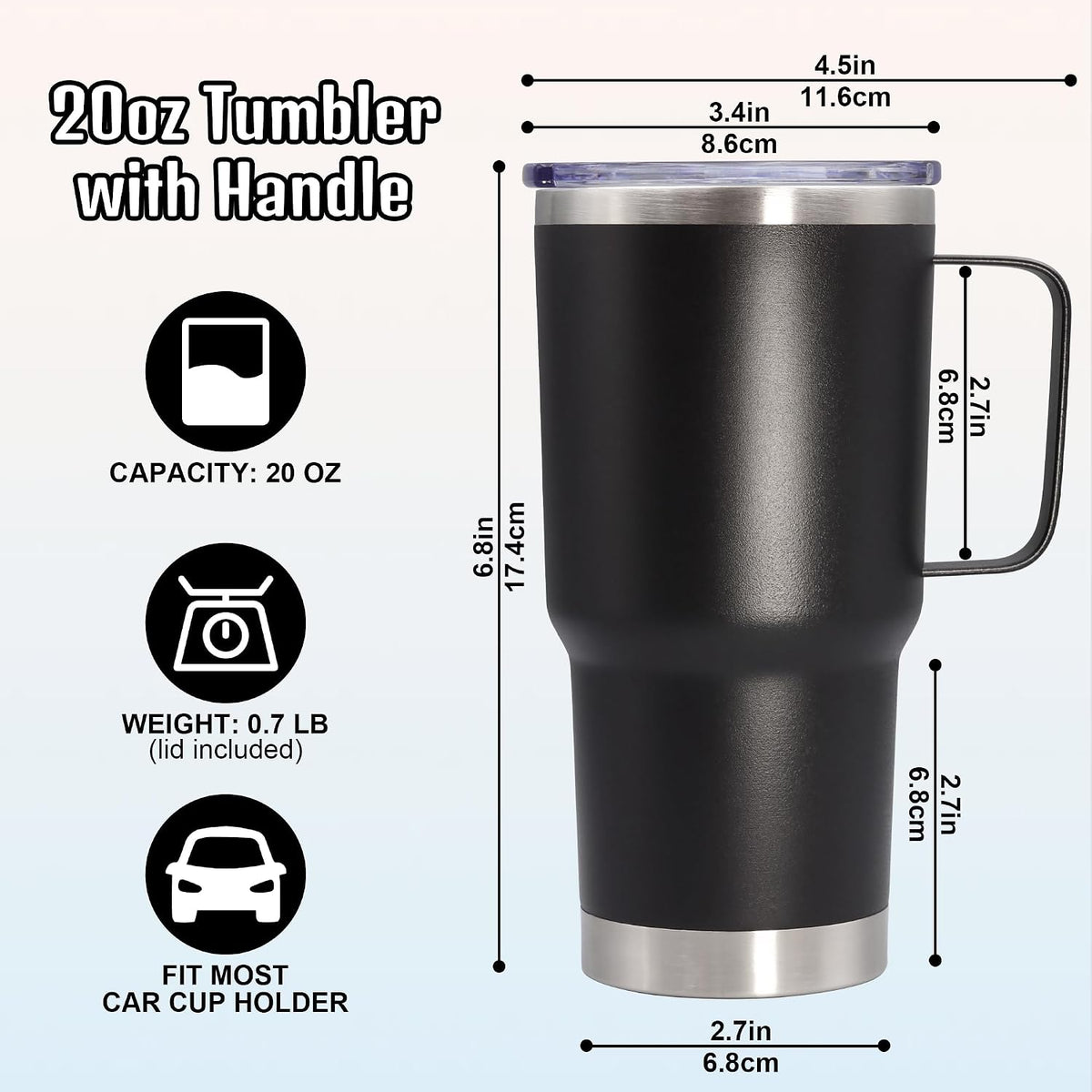 20 oz Tumbler with Handle and Lid Insulated Travel Coffee Mug Black 6P | Stainless Steel Tumbler, coffee tumbler with handle,Spill Proof Double Wall Vacuum Tumbler Cup Keep Drink Hot & Cold