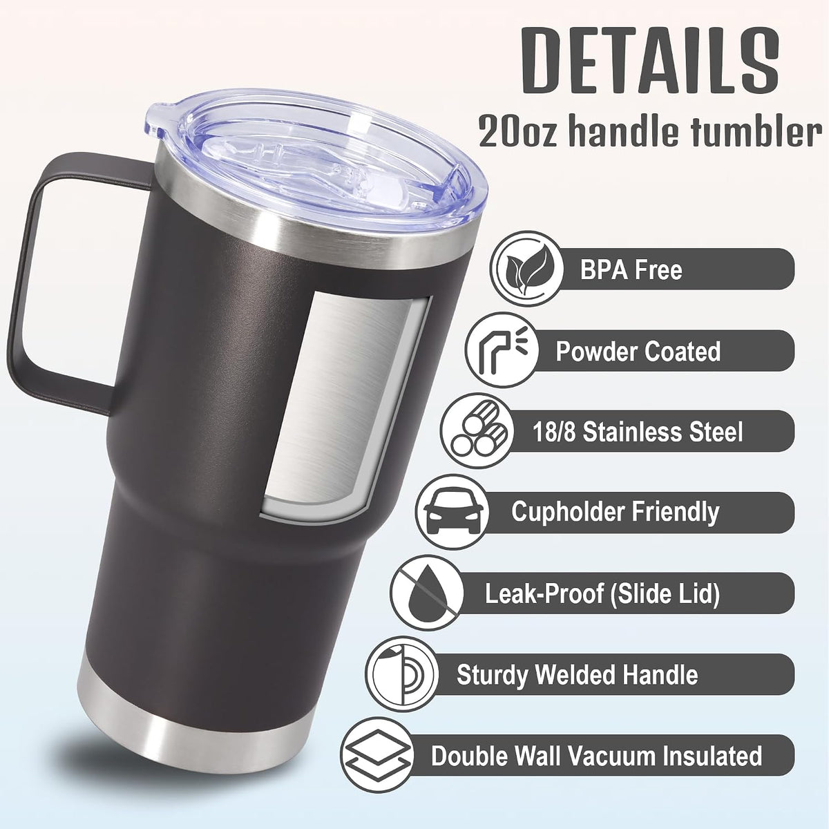 20 oz Tumbler with Handle and Lid Insulated Travel Coffee Mug Black 6P | Stainless Steel Tumbler, coffee tumbler with handle,Spill Proof Double Wall Vacuum Tumbler Cup Keep Drink Hot & Cold
