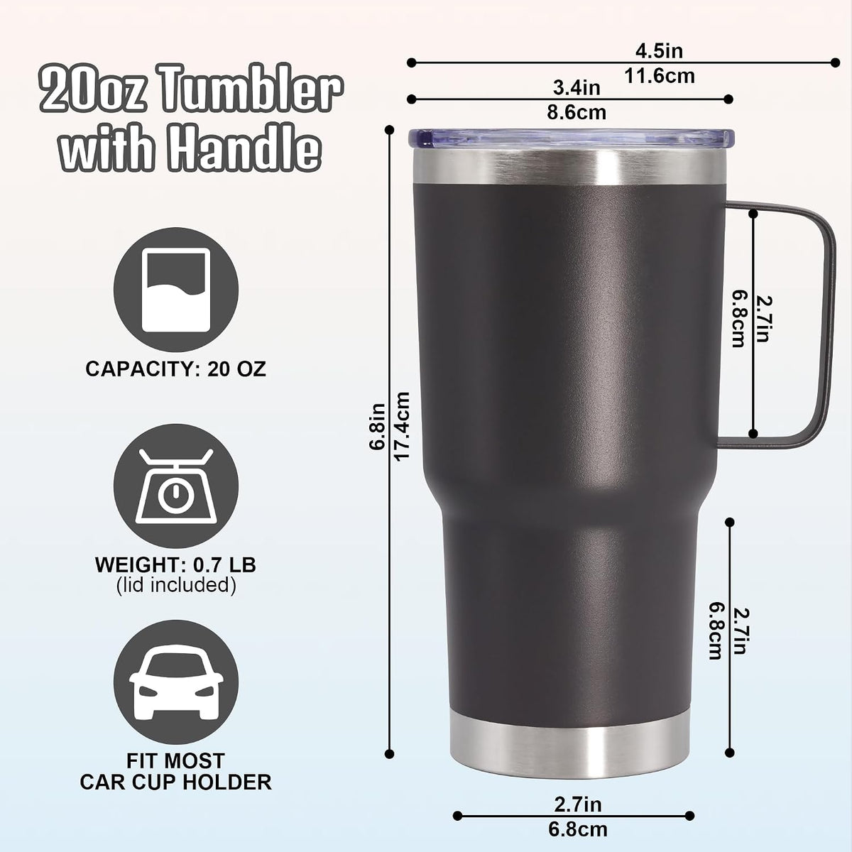 20 oz Tumbler with Handle and Lid Insulated Travel Coffee Mug Black 6P | Stainless Steel Tumbler, coffee tumbler with handle,Spill Proof Double Wall Vacuum Tumbler Cup Keep Drink Hot & Cold