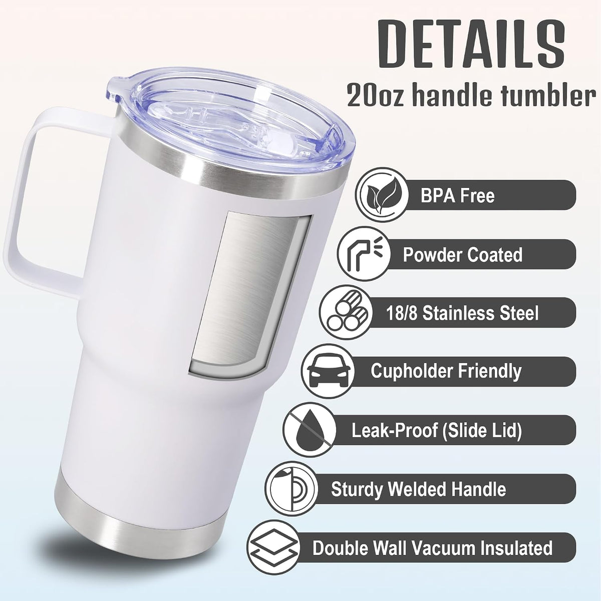 20 oz Tumbler with Handle and Lid Insulated Travel Coffee Mug Black 6P | Stainless Steel Tumbler, coffee tumbler with handle,Spill Proof Double Wall Vacuum Tumbler Cup Keep Drink Hot & Cold