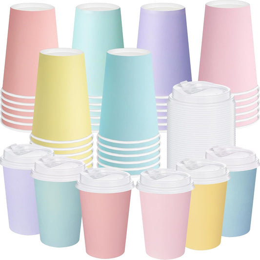 Pastel Disposable Coffee Cups with Lids 12 oz Pastel Rainbow Color Paper Drinking Mug for Summer Beverage Chocolate Tea Holiday Table Decorations Party Supplies
