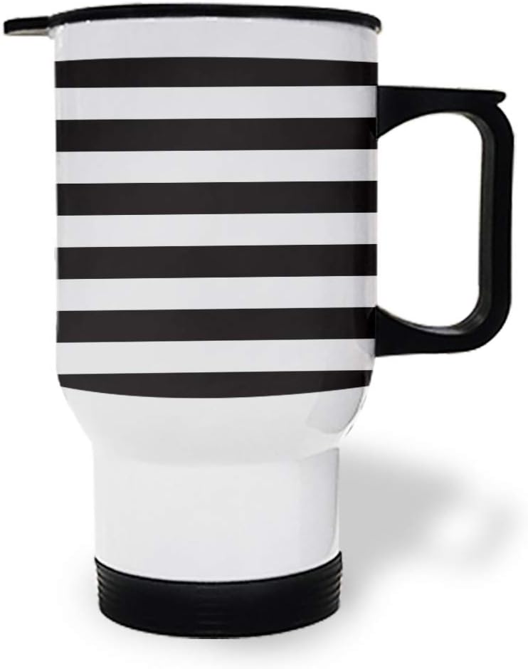 Stainless Steel Tumbler with Handle, Black and White Stripe Wide Stripes Insulated Coffee Mug Leak-Proof lid Travel Mug for Home, Office, Car, 3.3x5x6 Inch