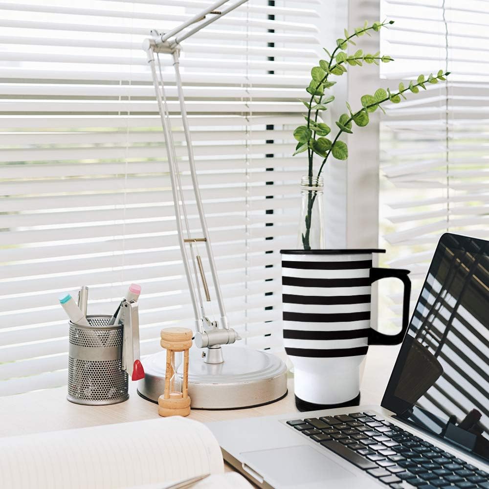 Stainless Steel Tumbler with Handle, Black and White Stripe Wide Stripes Insulated Coffee Mug Leak-Proof lid Travel Mug for Home, Office, Car, 3.3x5x6 Inch