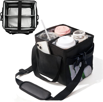 Drink Carrier Tote Bag With Strap, Insulated Drink Caddy With Handle 4 Cup Water Bottle Holder, Reusable Portable Foldable Water Bottle Bag With Dual Elastic Straps, Leak-Proof, Coffee Cup Car