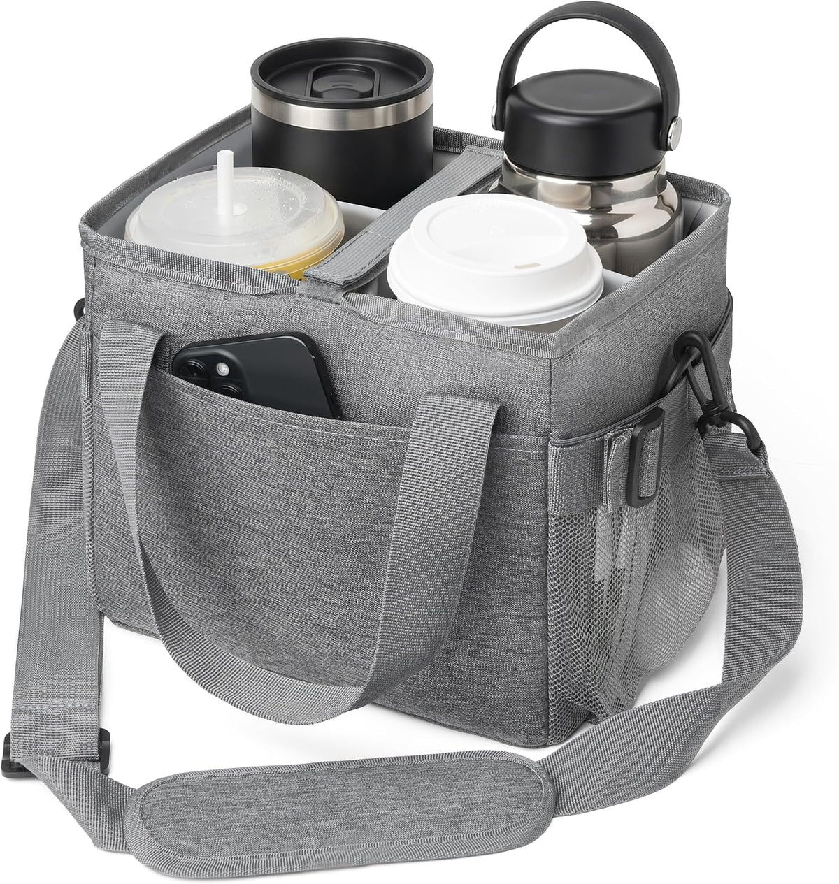 Drink Carrier Tote Bag With Strap, Insulated Drink Caddy With Handle 4 Cup Water Bottle Holder, Reusable Portable Foldable Water Bottle Bag With Dual Elastic Straps, Leak-Proof, Coffee Cup Car