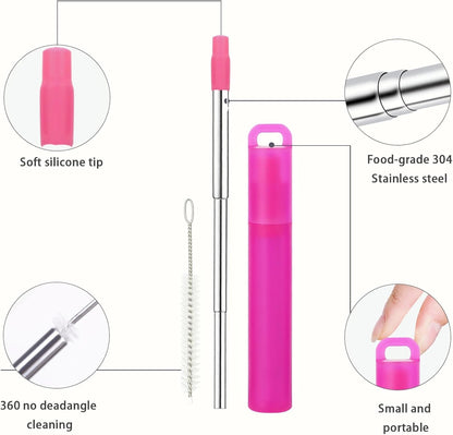 Metal Reusable Straws 3 Pack Collapsible Portable Stainless Steel Drinking Straw Telescopic Travel Straw, with Case and Cleaning Brush Foldable Pocket Straws