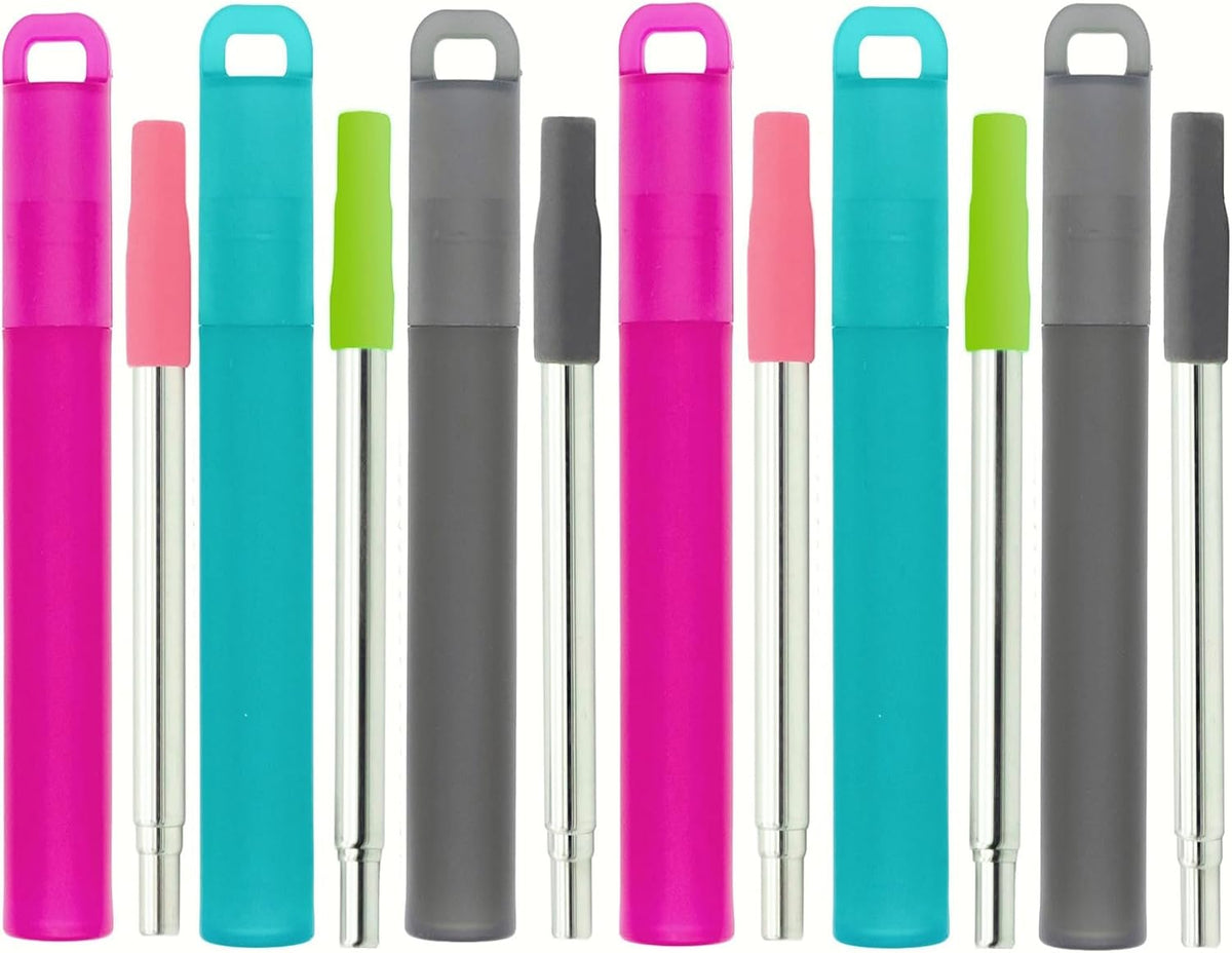 Metal Reusable Straws 3 Pack Collapsible Portable Stainless Steel Drinking Straw Telescopic Travel Straw, with Case and Cleaning Brush Foldable Pocket Straws