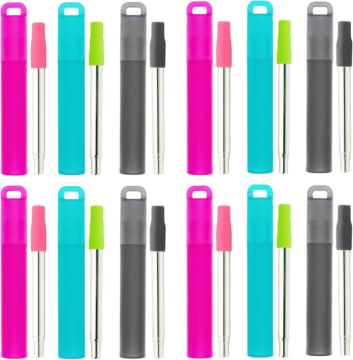 Metal Reusable Straws 3 Pack Collapsible Portable Stainless Steel Drinking Straw Telescopic Travel Straw, with Case and Cleaning Brush Foldable Pocket Straws