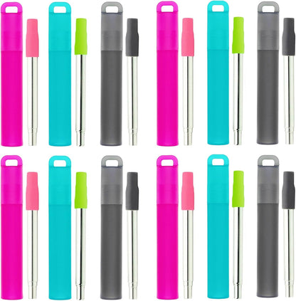 Metal Reusable Straws 3 Pack Collapsible Portable Stainless Steel Drinking Straw Telescopic Travel Straw, with Case and Cleaning Brush Foldable Pocket Straws