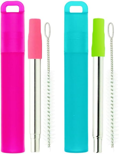 Metal Reusable Straws 3 Pack Collapsible Portable Stainless Steel Drinking Straw Telescopic Travel Straw, with Case and Cleaning Brush Foldable Pocket Straws