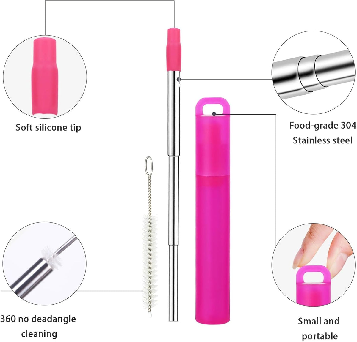 Metal Reusable Straws 3 Pack Collapsible Portable Stainless Steel Drinking Straw Telescopic Travel Straw, with Case and Cleaning Brush Foldable Pocket Straws