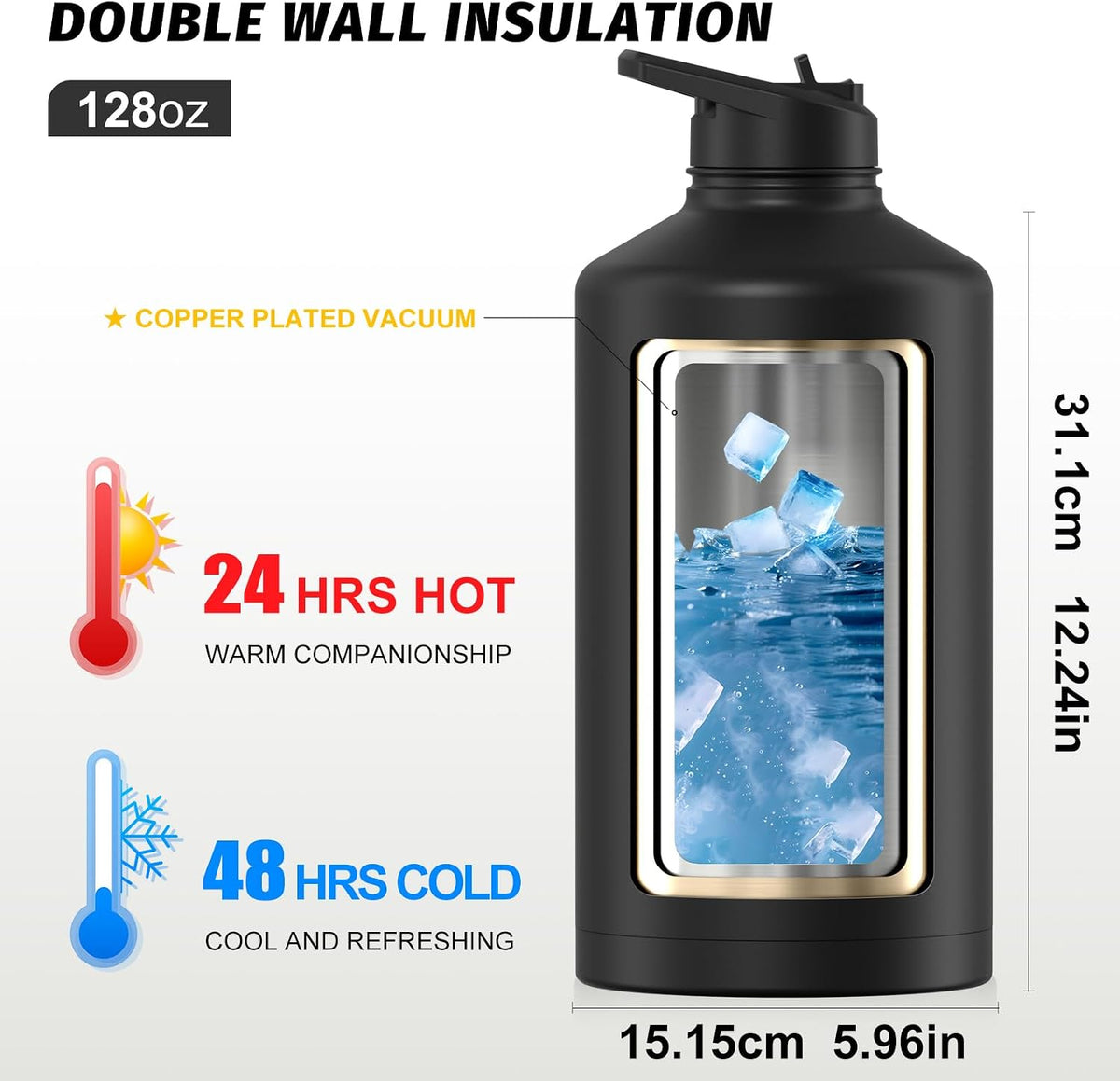 40oz Insulated Water Bottle (Cold for 48 Hrs),BPA Free&Leak Proof,Stainless Steel Water Flask,Water Jug with Straw Spout Lids for Gym,Hiking,Travel,Black Blue