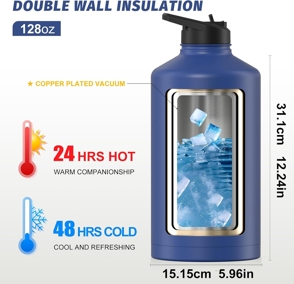 40oz Insulated Water Bottle (Cold for 48 Hrs),BPA Free&Leak Proof,Stainless Steel Water Flask,Water Jug with Straw Spout Lids for Gym,Hiking,Travel,Black Blue