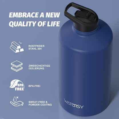 40oz Insulated Water Bottle (Cold for 48 Hrs),BPA Free&Leak Proof,Stainless Steel Water Flask,Water Jug with Straw Spout Lids for Gym,Hiking,Travel,Black Blue