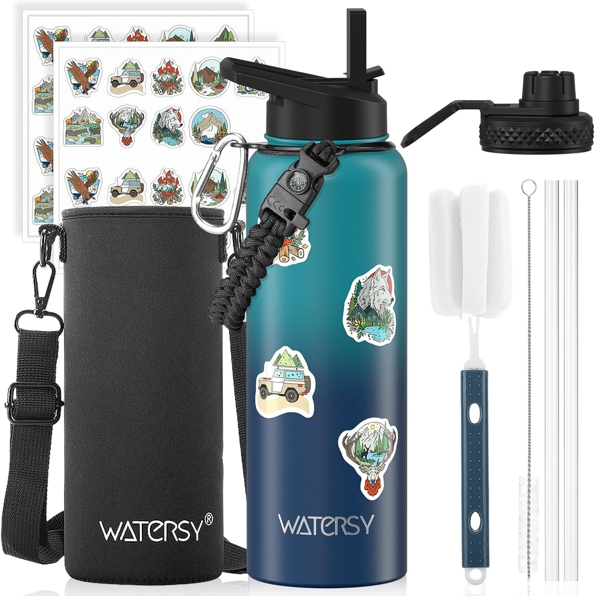 40oz Insulated Water Bottle (Cold for 48 Hrs),BPA Free&Leak Proof,Stainless Steel Water Flask,Water Jug with Straw Spout Lids for Gym,Hiking,Travel,Black Blue