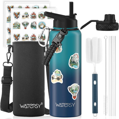 40oz Insulated Water Bottle (Cold for 48 Hrs),BPA Free&Leak Proof,Stainless Steel Water Flask,Water Jug with Straw Spout Lids for Gym,Hiking,Travel,Black Blue